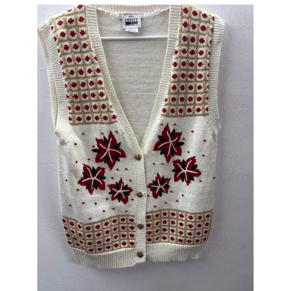 Vintage 1994 Leslie Fay Christmas Sampler Sweater Vest Cream Red Gold Large